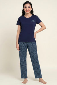 Zivame Knit Cotton Pyjama Set - Blue Depths — thumbnail 1
